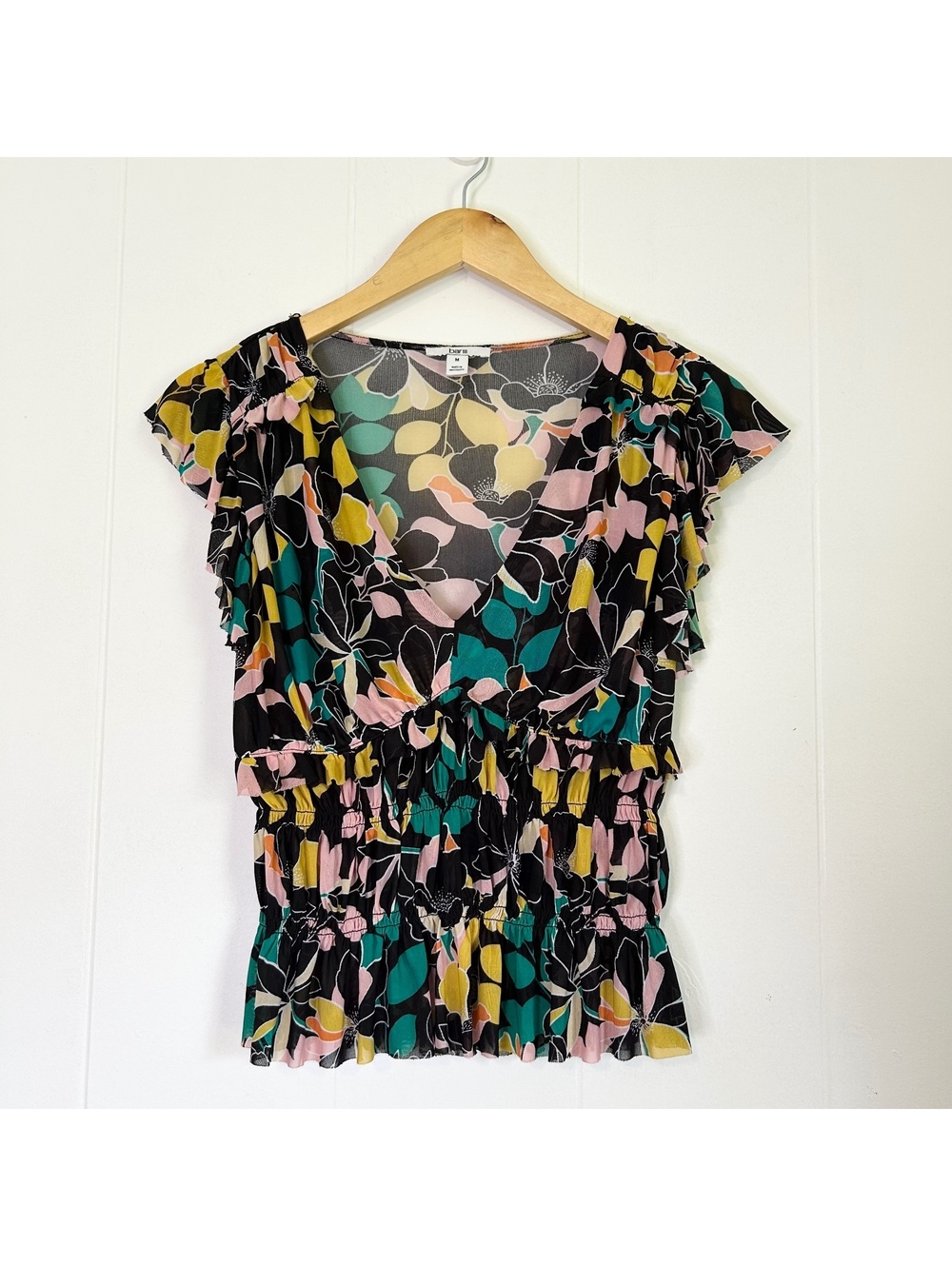 Bar III Black Colorful Floral Ruffle Sheer V-Neck Blouse Top Women's Medium
